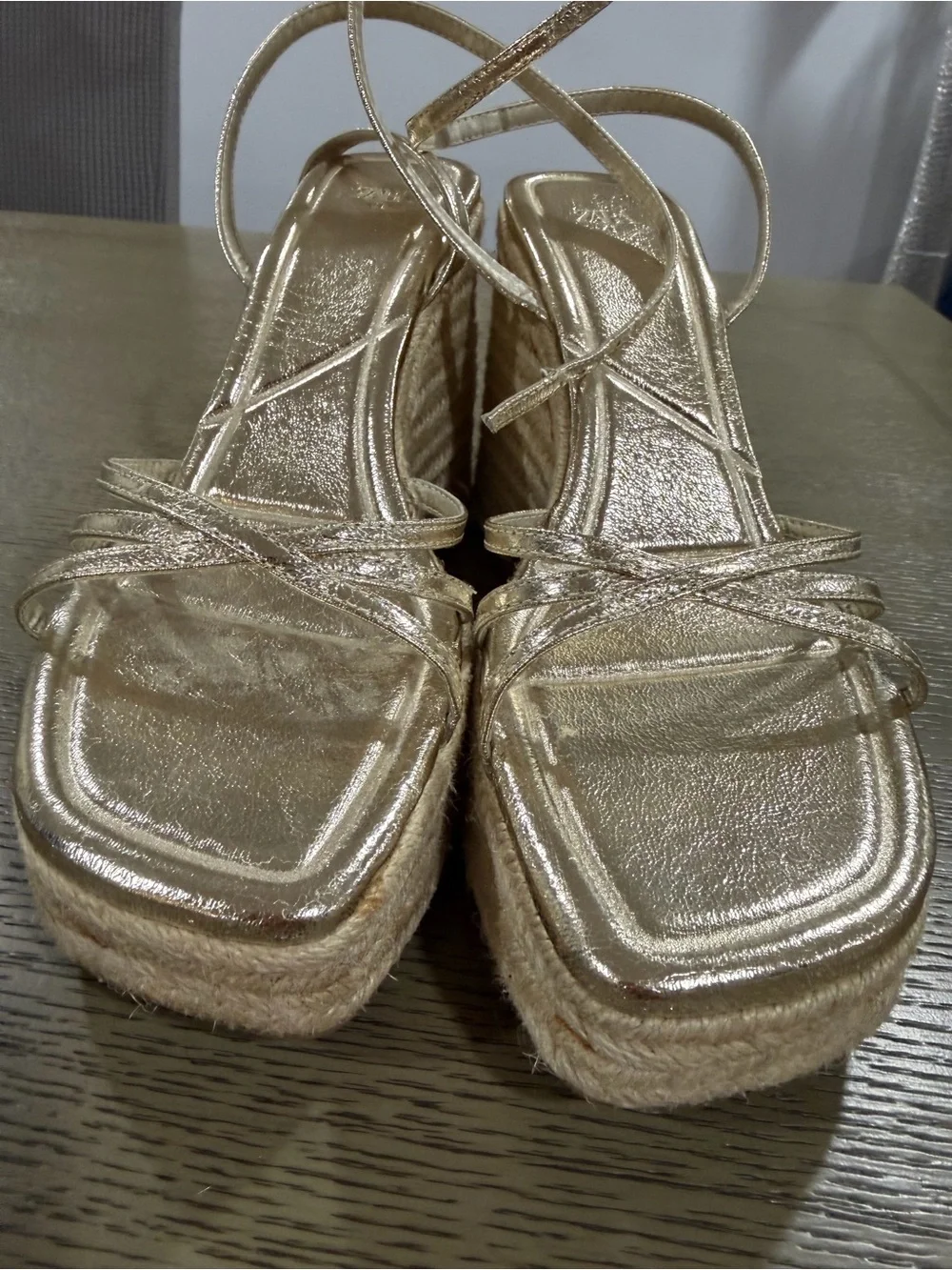 Zara Gold Metallic Espadrille Wedge Sandals with Ankle Strap